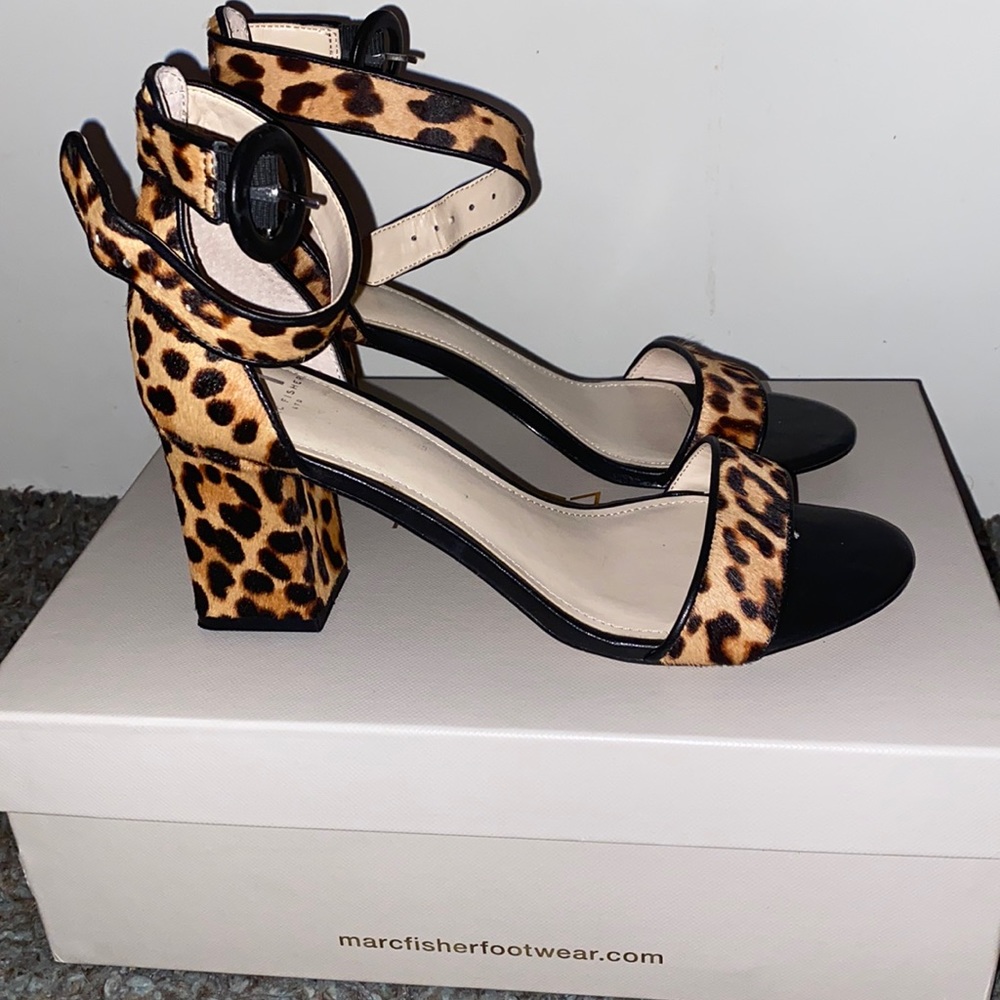 Marc Fisher Leopard Print Pony Hair Sandals